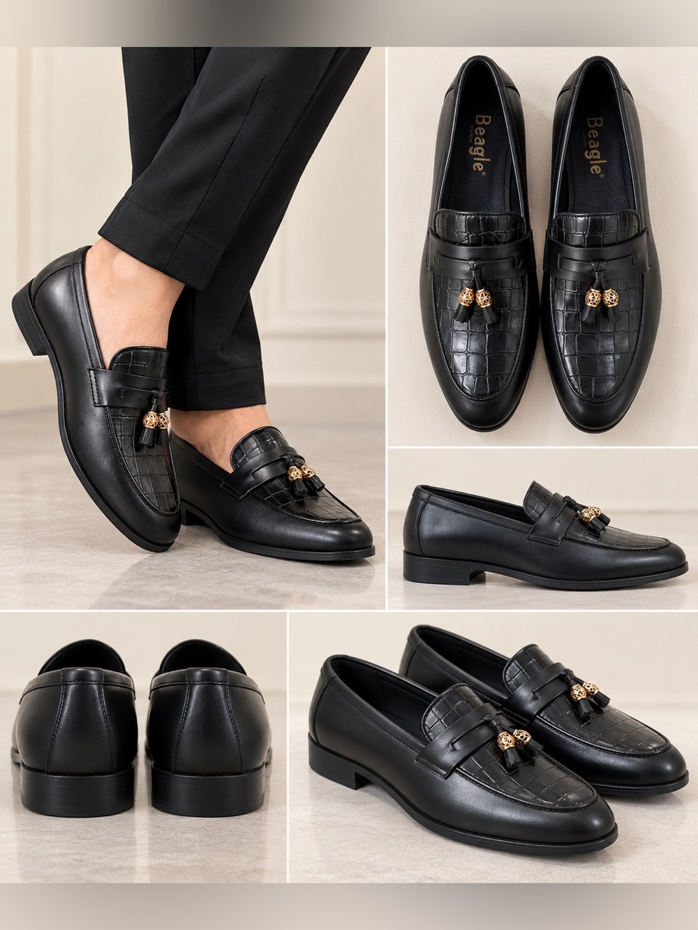 Black Croc-Embossed Tassel Penny Loafers for Men